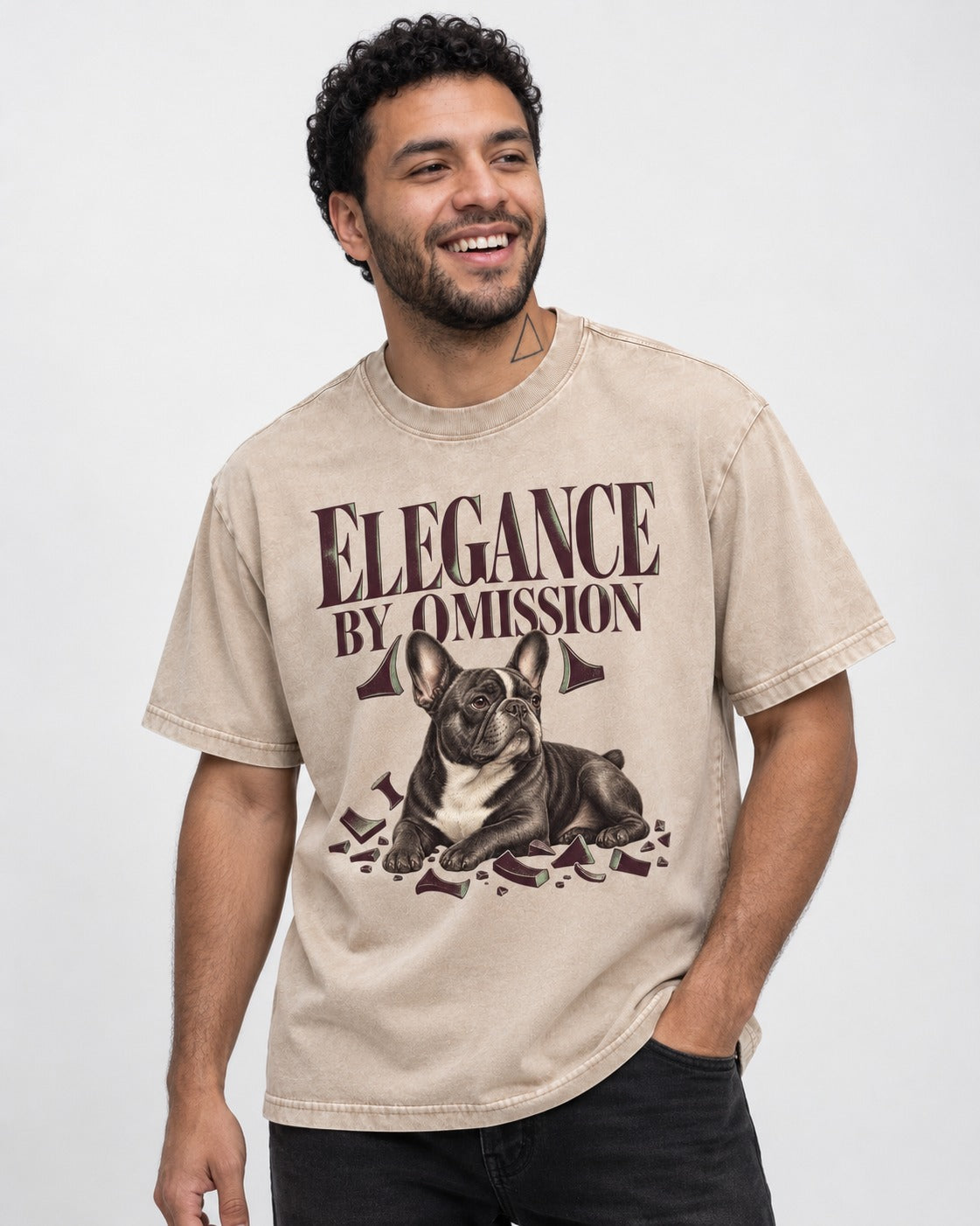 Frenchie Elegance by Omission Washed Tee in Apricot, worn by a model