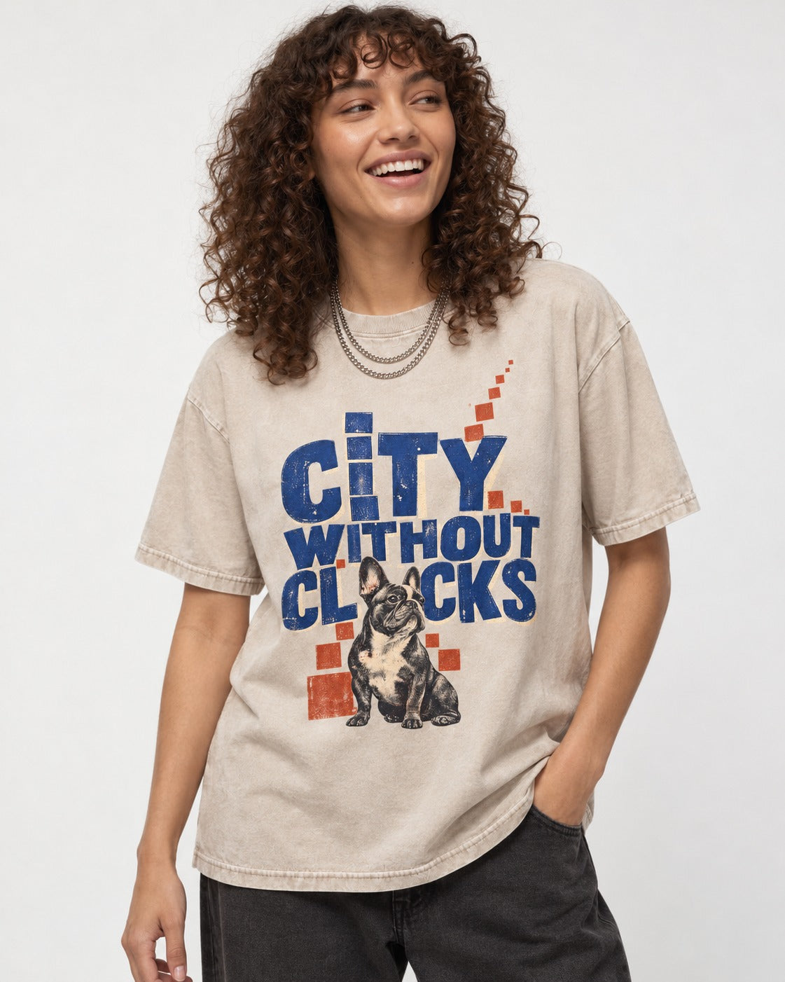 Frenchie's City Without Clocks Washed Tee in Apricot, worn by a model