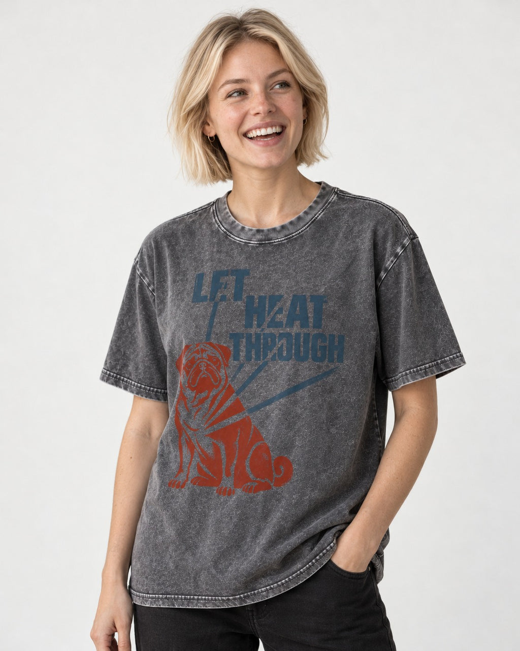 Let the Pug Through Washed Tee in Gray, worn by a model