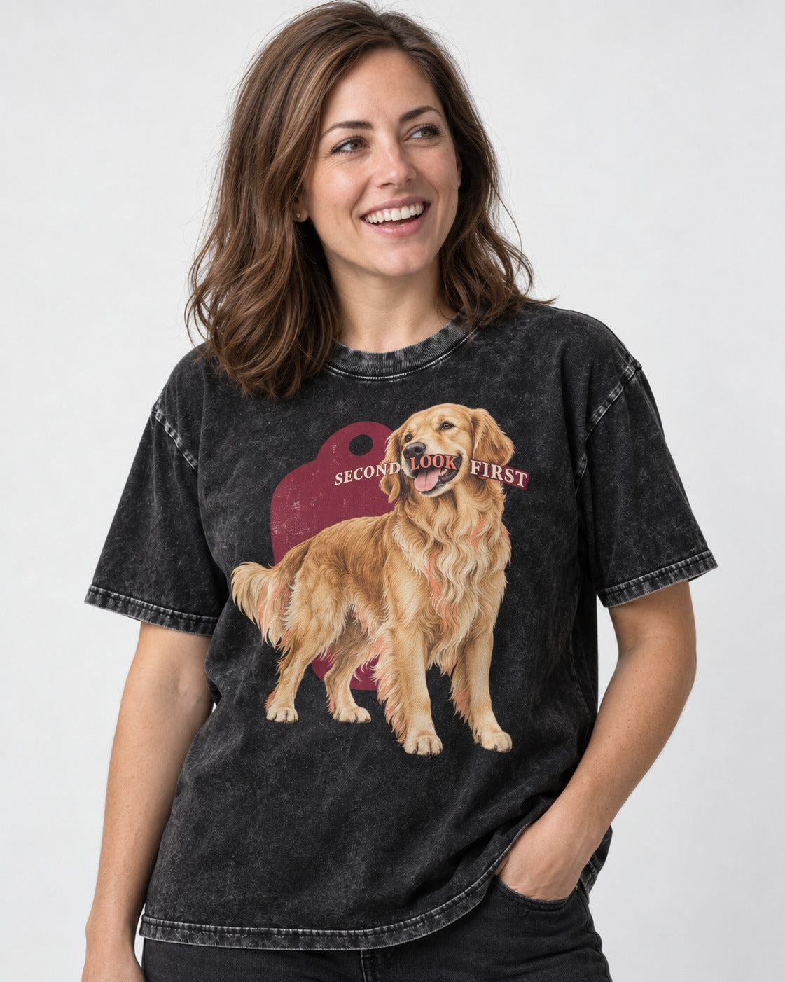 Golden Retriever Second Look First Tag Portrait Graphic Washed Tee in Black, worn by a model