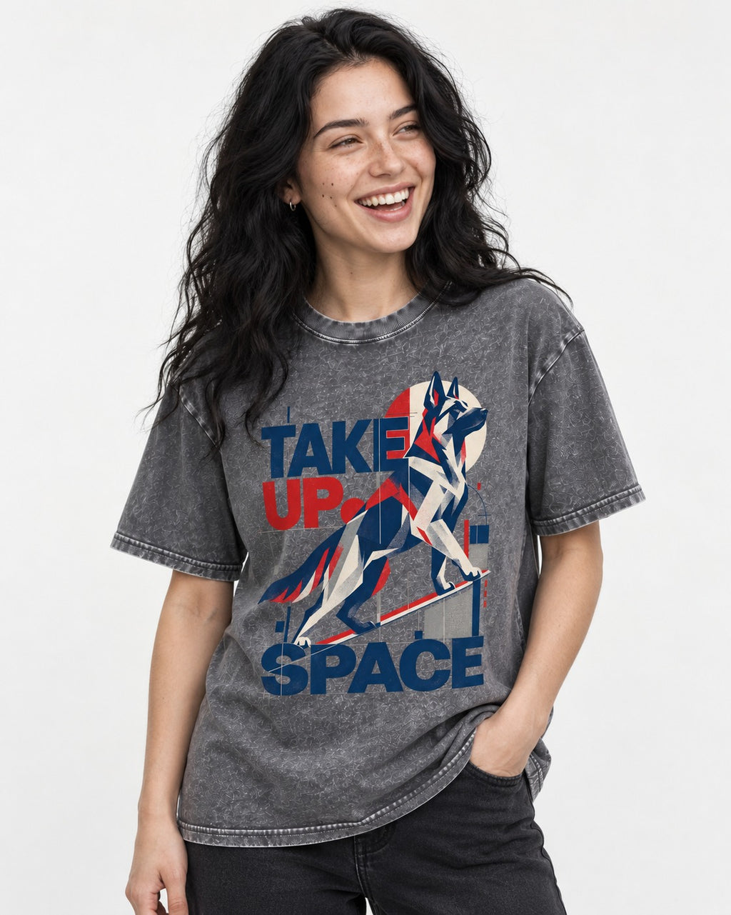 Take Up Space German Shepherd Dog Washed Tee in Gray, worn by a model