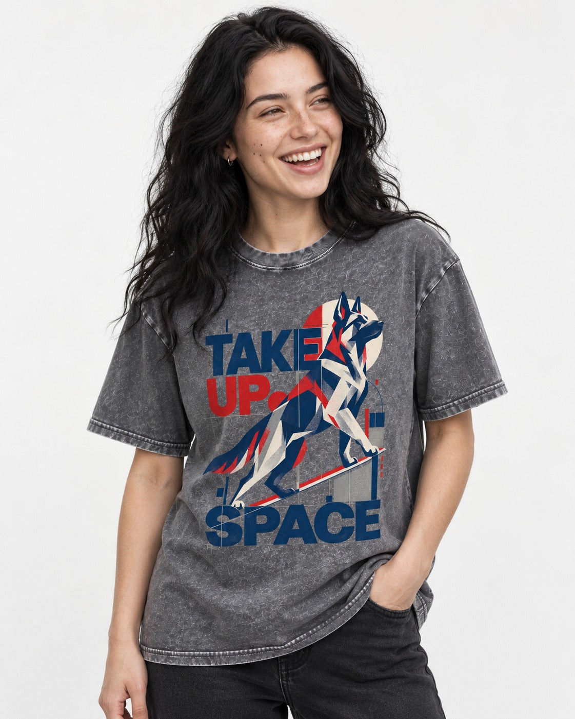 Take Up Space German Shepherd Dog Washed Tee in Gray, worn by a model