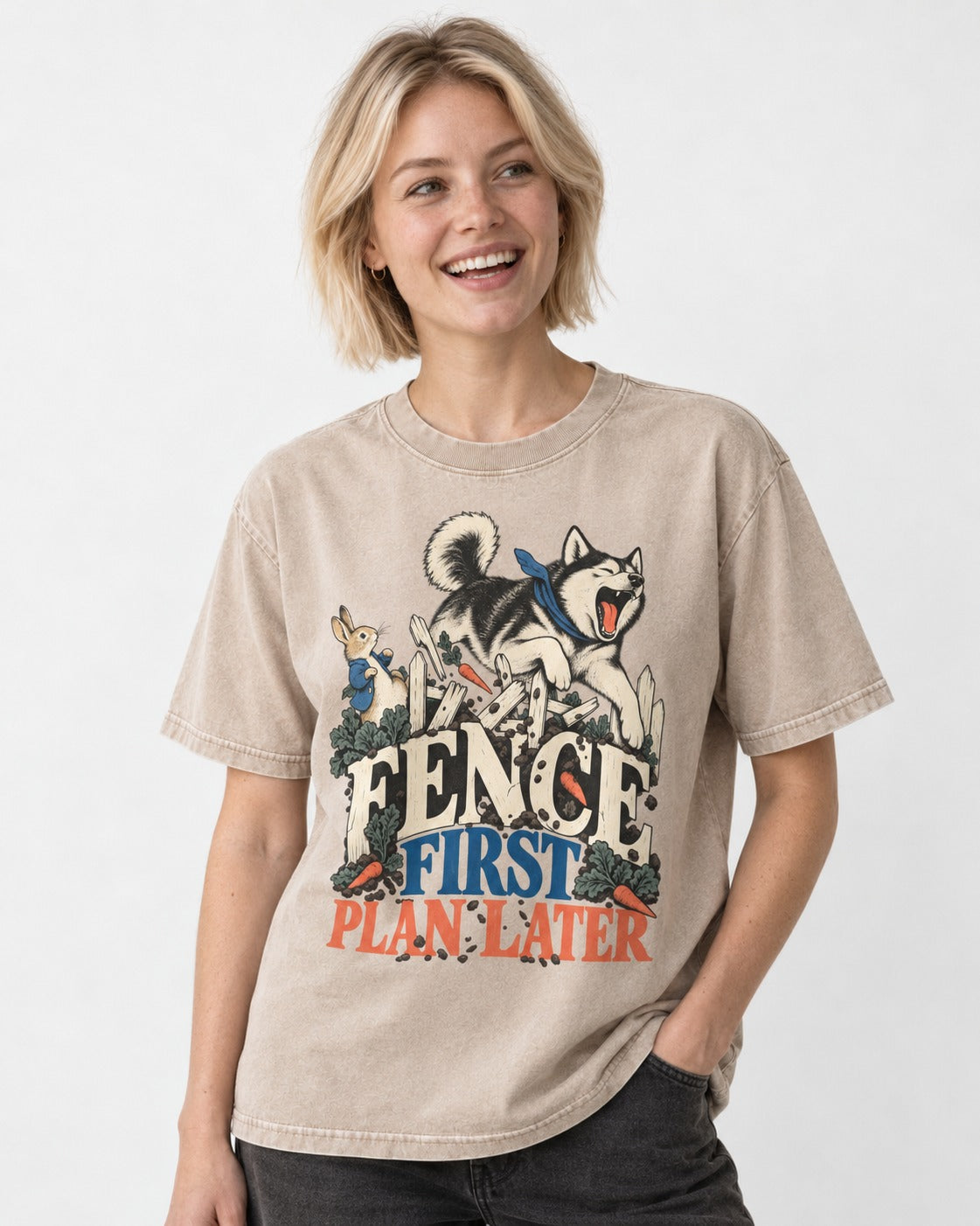 Husky Fence First Plan Later Garden Escape Graphic Washed Tee in Apricot, worn by a model