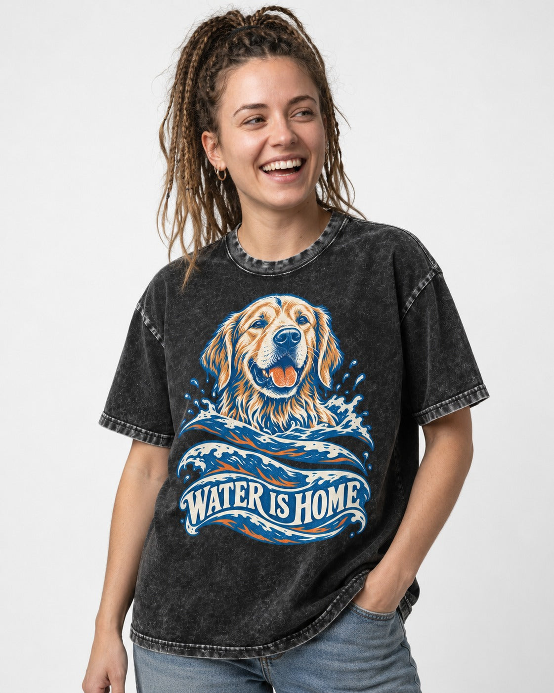 Golden Retriever Water Is Home Ocean Wave Graphic Washed Tee in Black, worn by a model