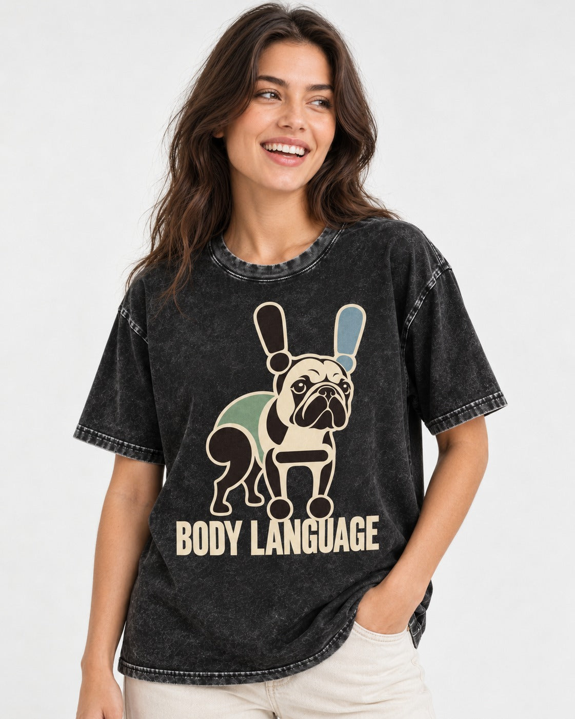 Frenchie Body Language Punctuation Graphic Washed Tee in Black, worn by a model
