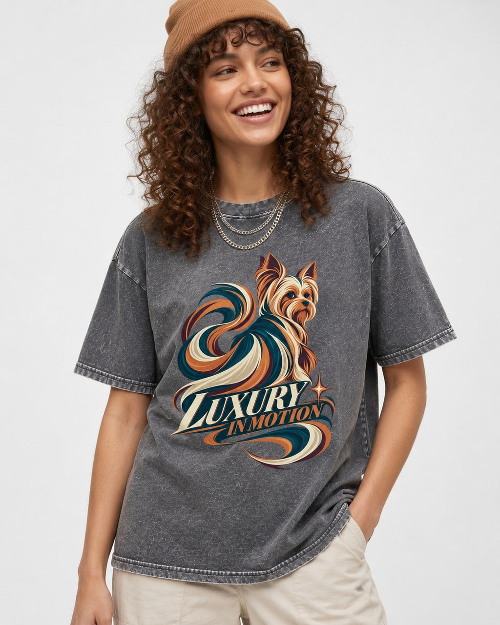 Yorkshire Terrier Luxury in Motion Washed Tee in Gray, worn by a model