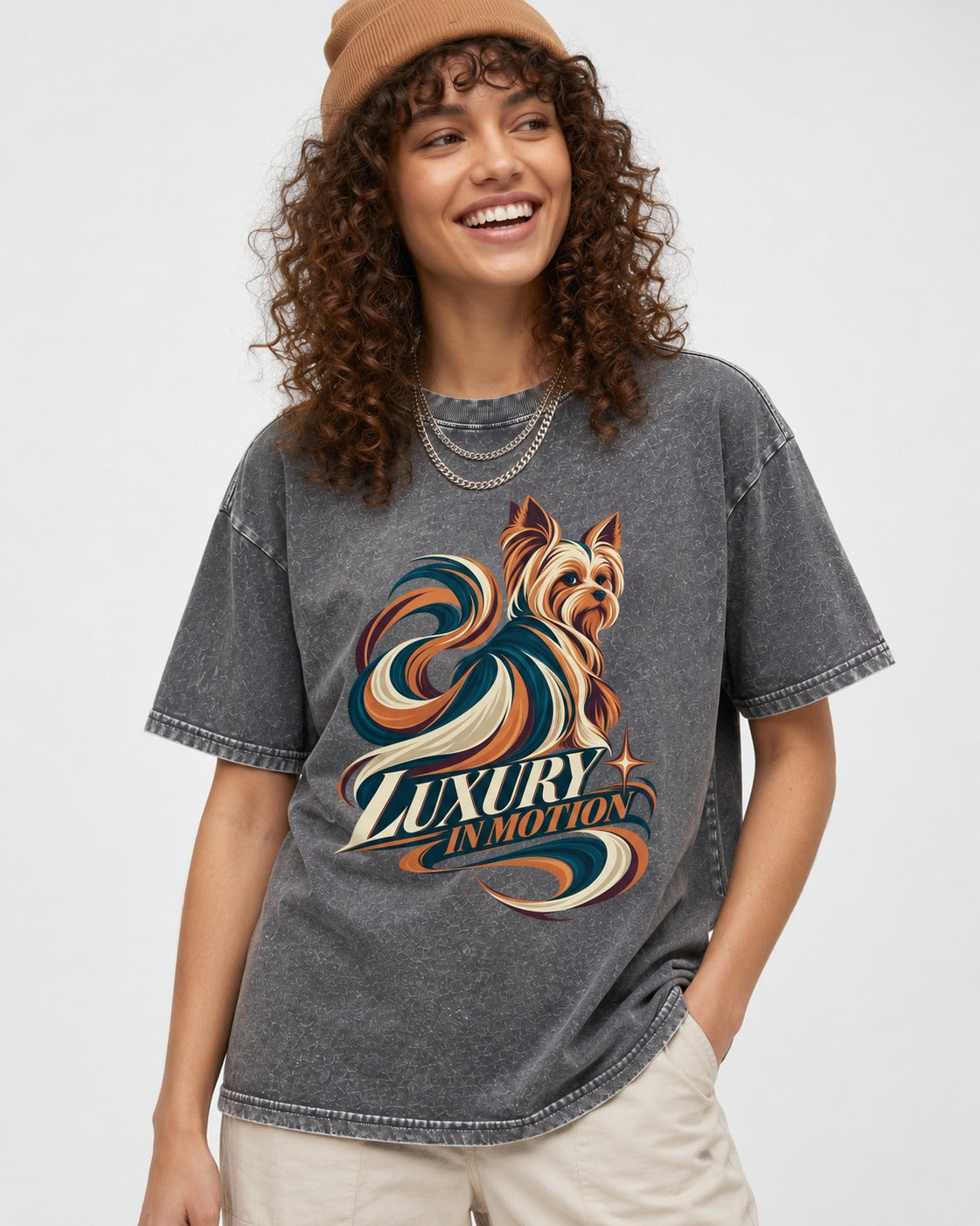 Yorkshire Terrier Luxury in Motion Washed Tee in Gray, worn by a model