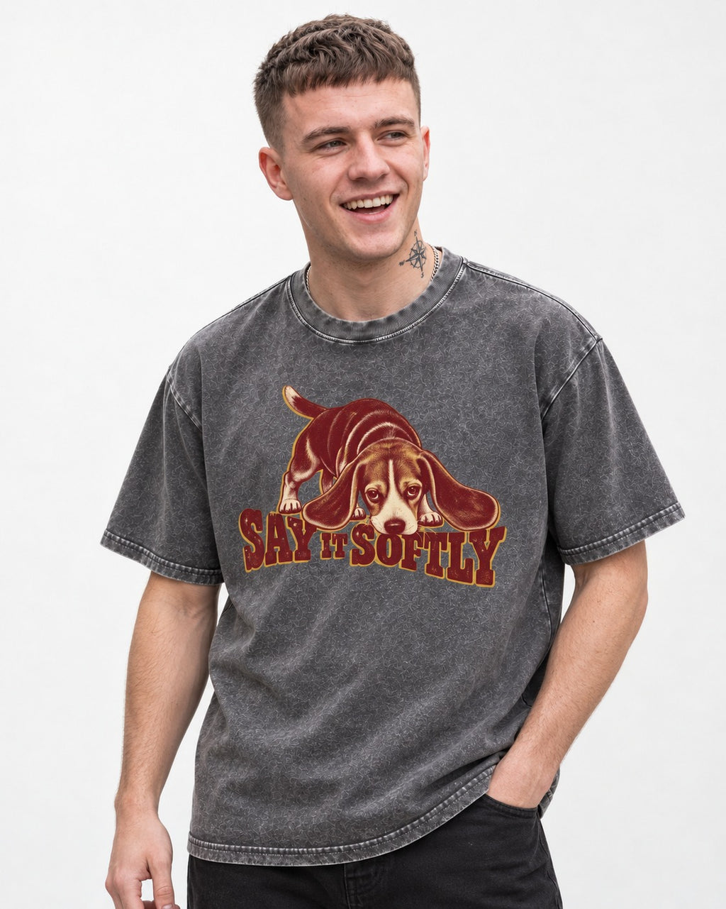 Beagle Say It Softly Washed Tee in Gray, worn by a model