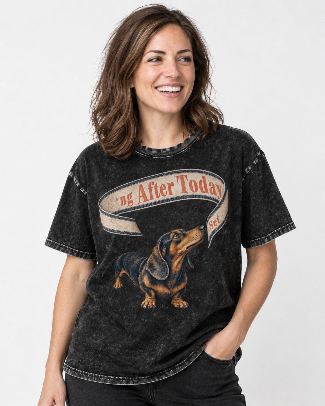 Dachshund ng After Today Set Ribbon Graphic Washed Tee in Black, worn by a model