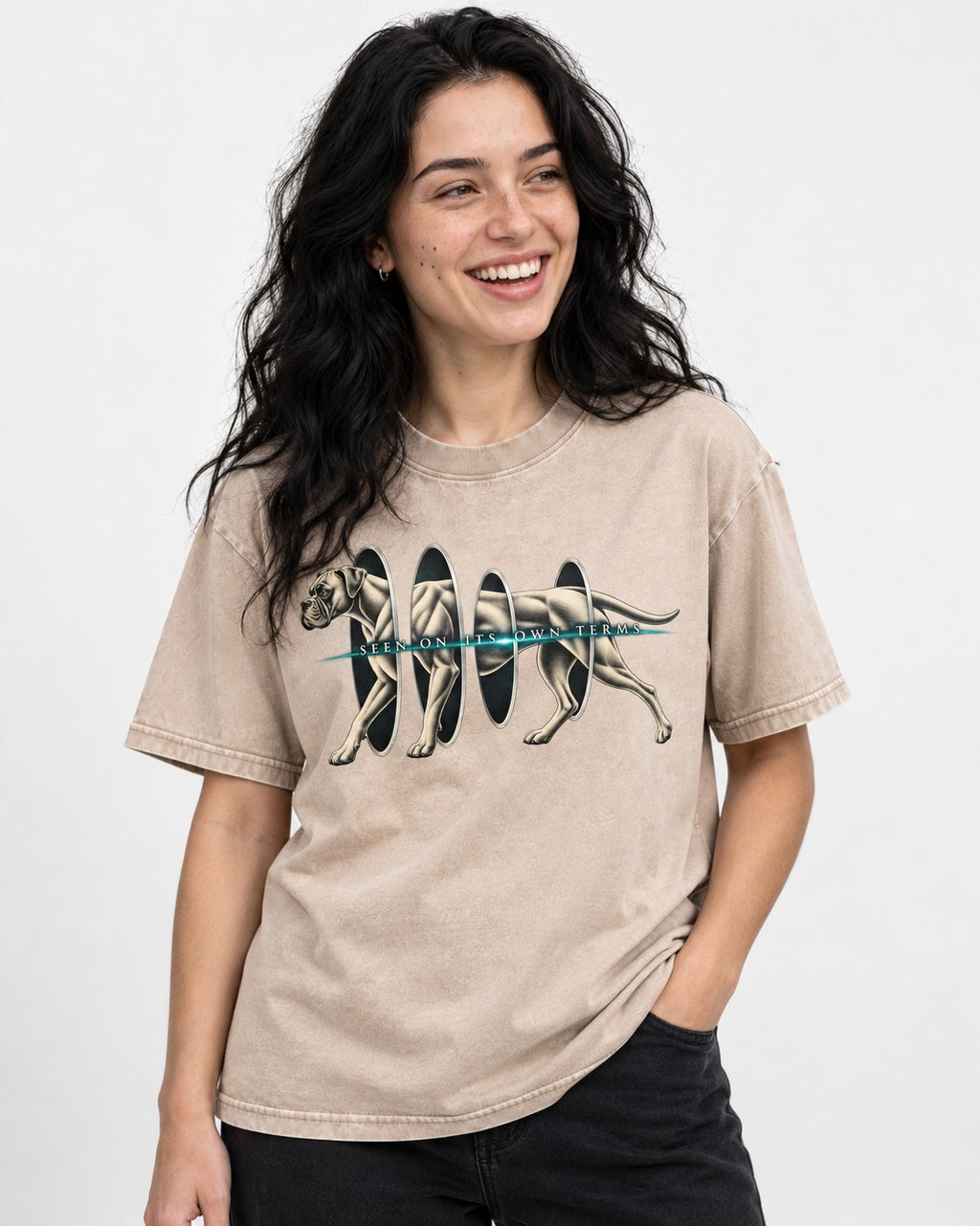 Boxer On Its Own Terms Washed Tee in Apricot, worn by a model