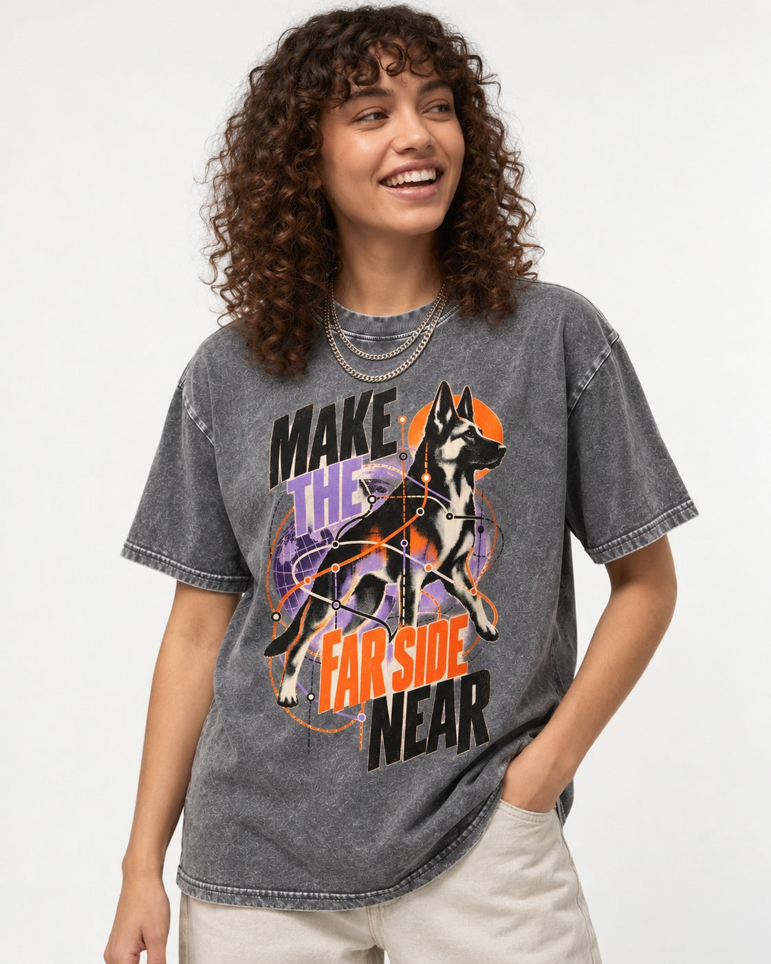 German Shepherd Dog Far Side Near Washed Tee in Gray, worn by a model