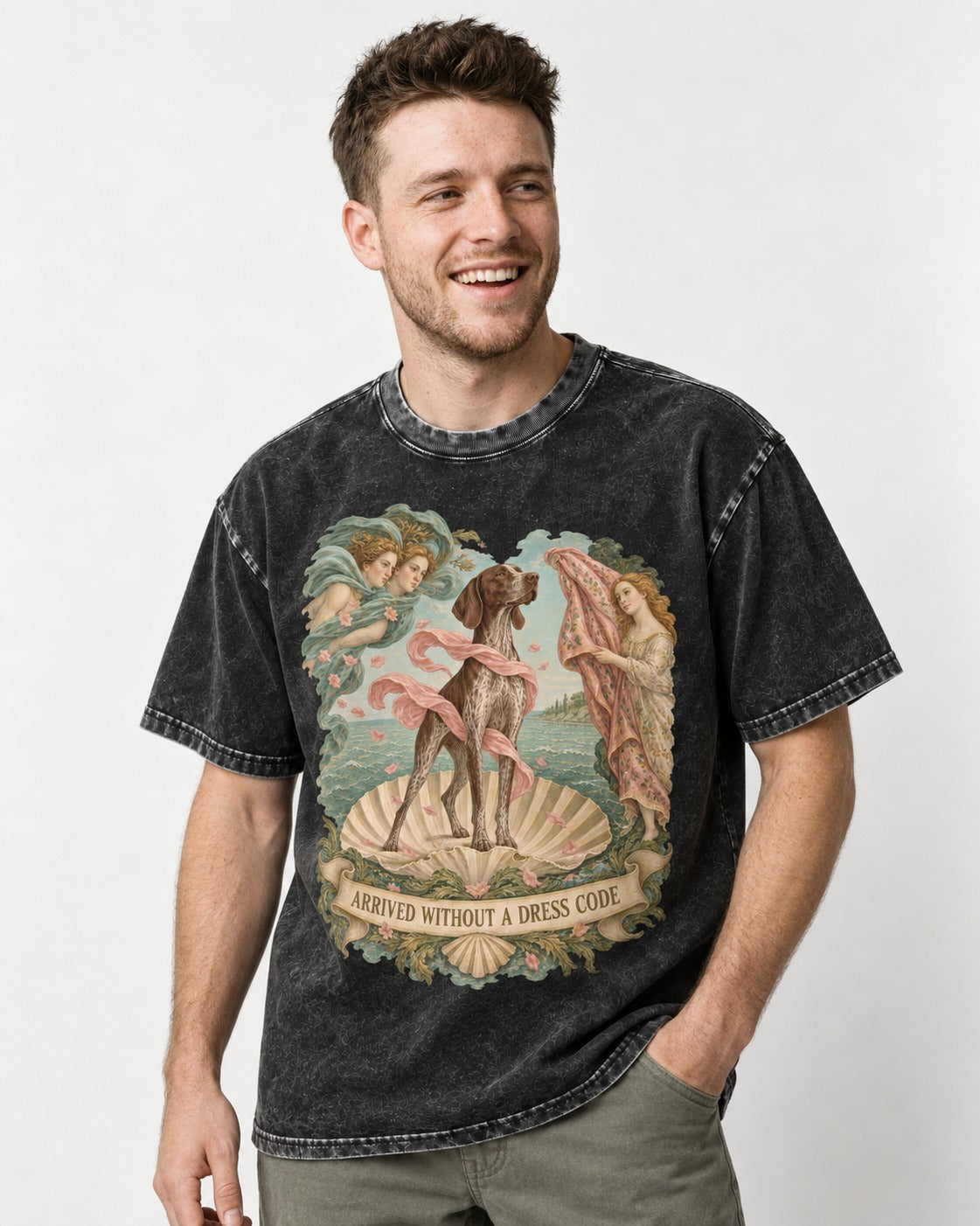 German Shorthaired Pointer Arrived Without A Dress Code Birth Of Venus Graphic Washed Tee in Black, worn by a model