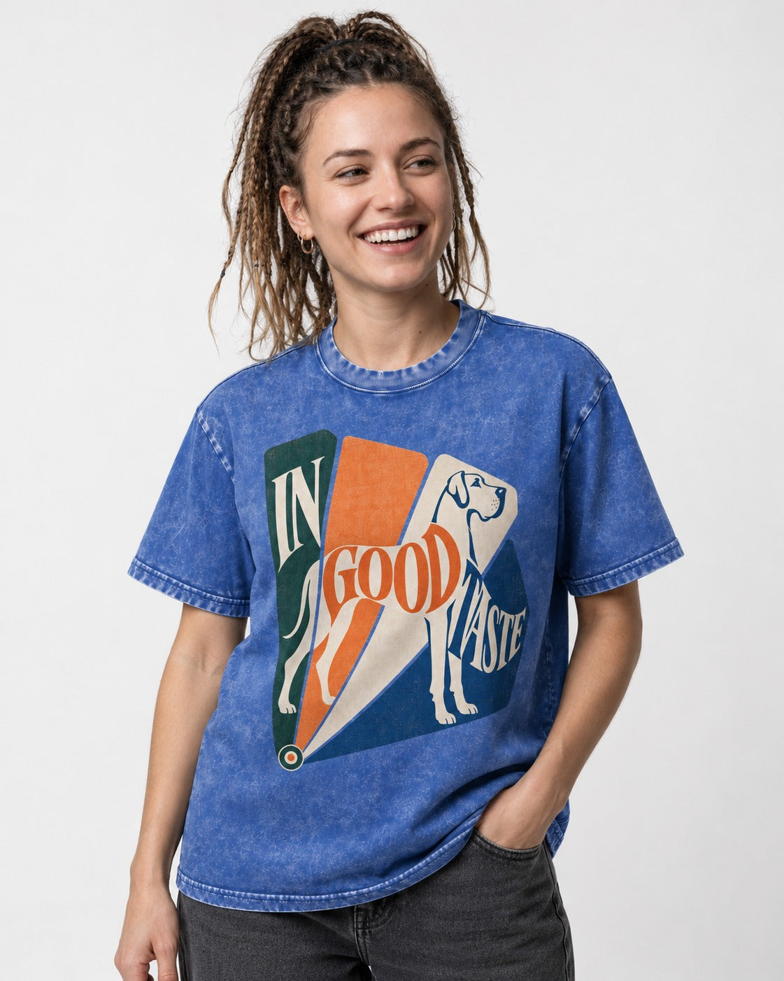 Great Dane In Good Taste Color Fan Graphic Washed Tee in Royal Blue, worn by a model
