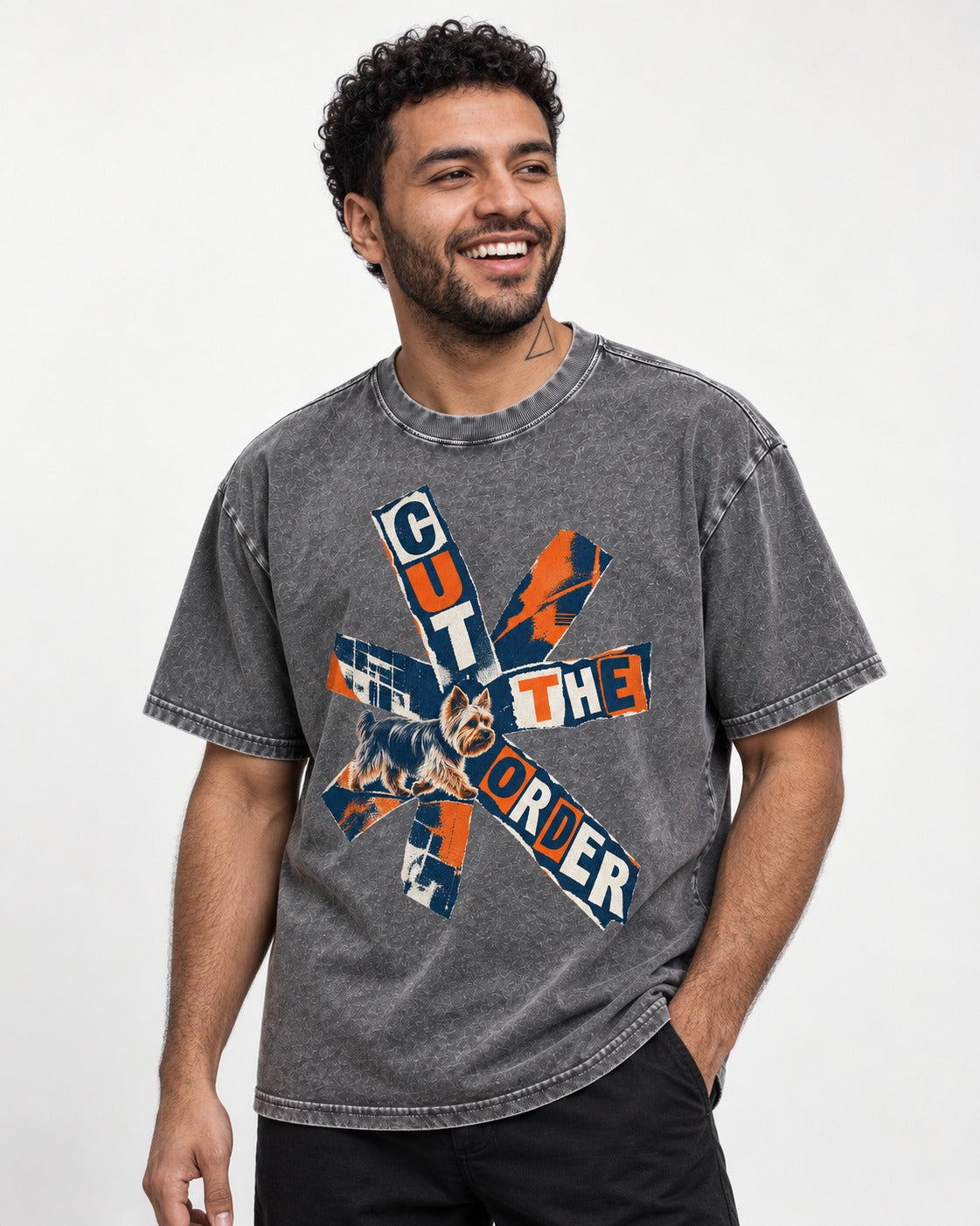 Yorkshire Terrier Cut the Order Radial Collage Graphic Washed Tee in Gray, worn by a model