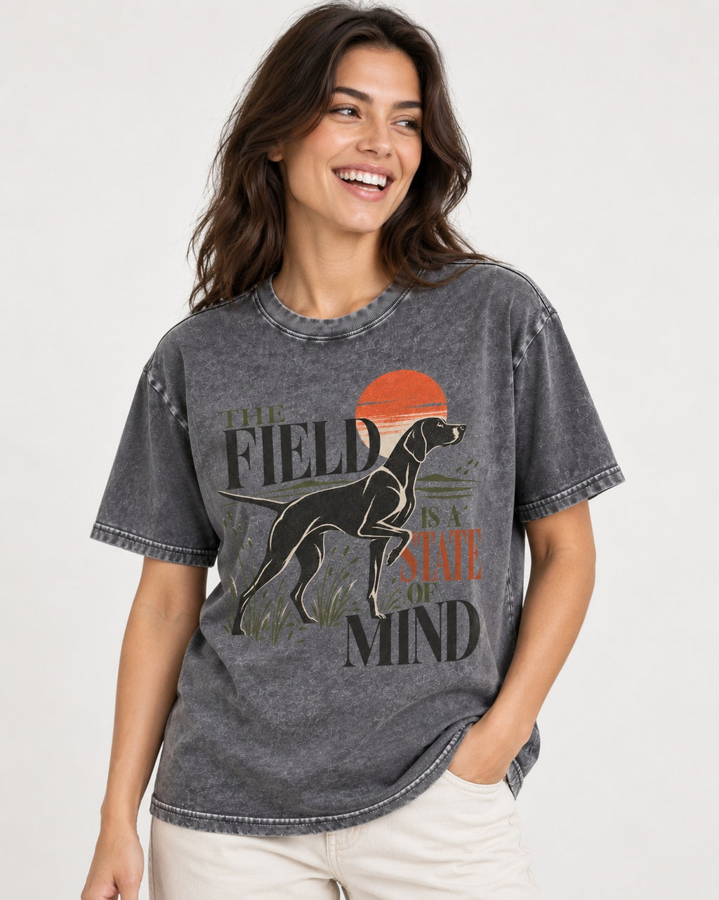 German Shorthaired Pointer Field State of Mind Washed Tee in Gray, worn by a model