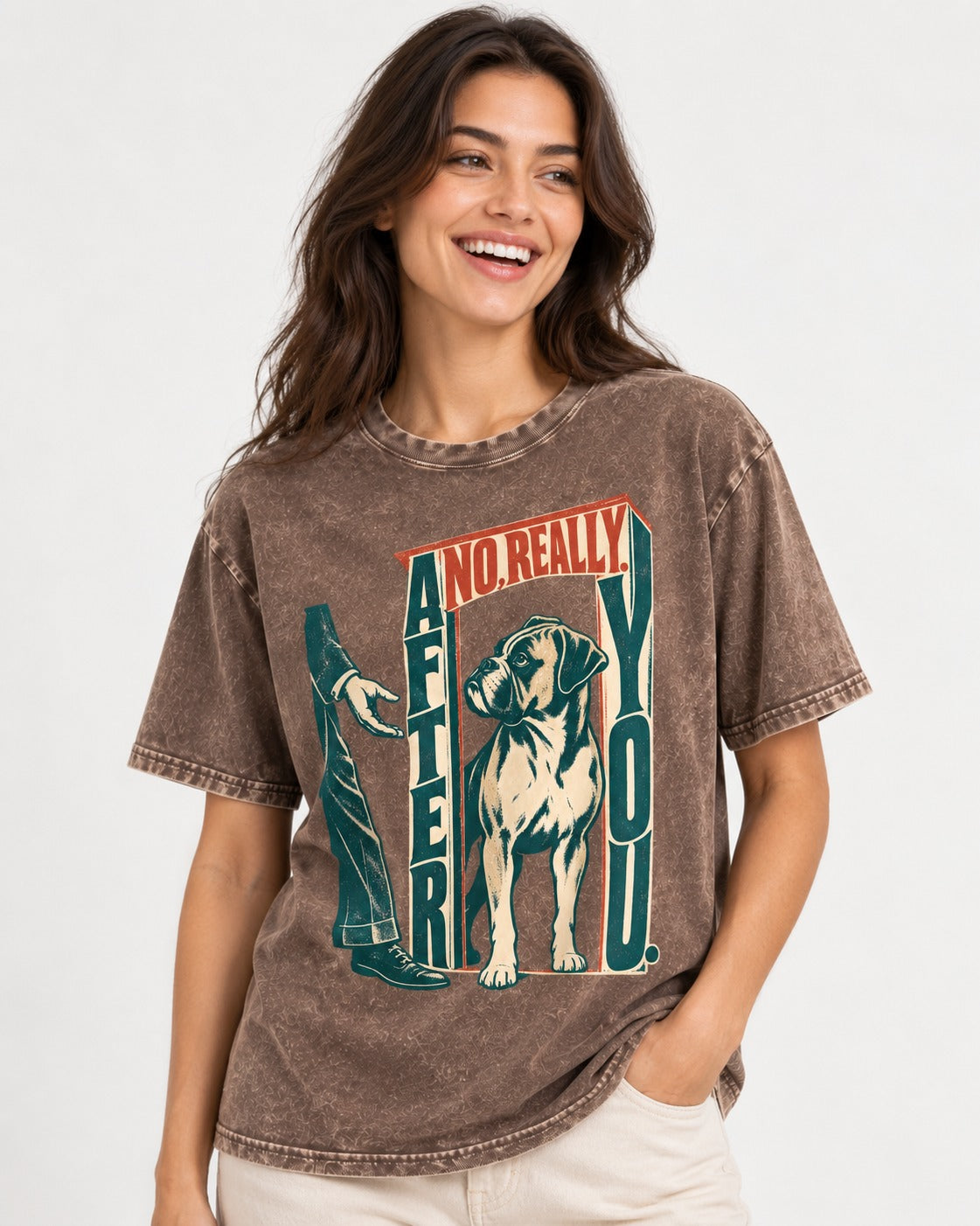 Boxer Says After You Washed Tee in Coffee, worn by a model