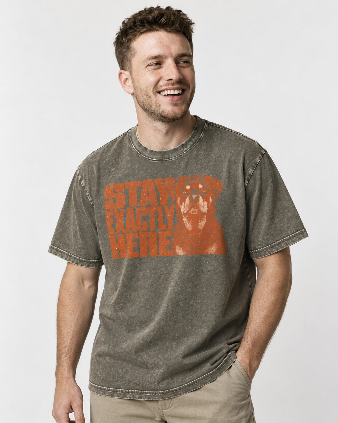 Rottweiler Stay Exactly Here Block Portrait Graphic Washed Tee in Army Green, worn by a model