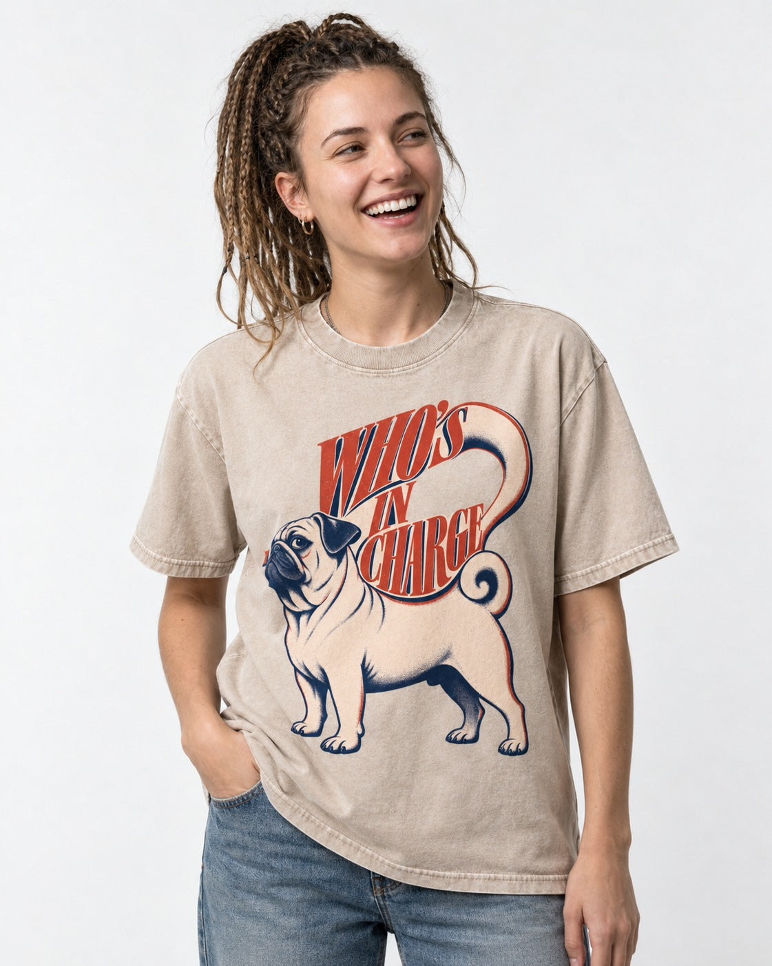 Pug In Charge Washed Tee in Apricot, worn by a model