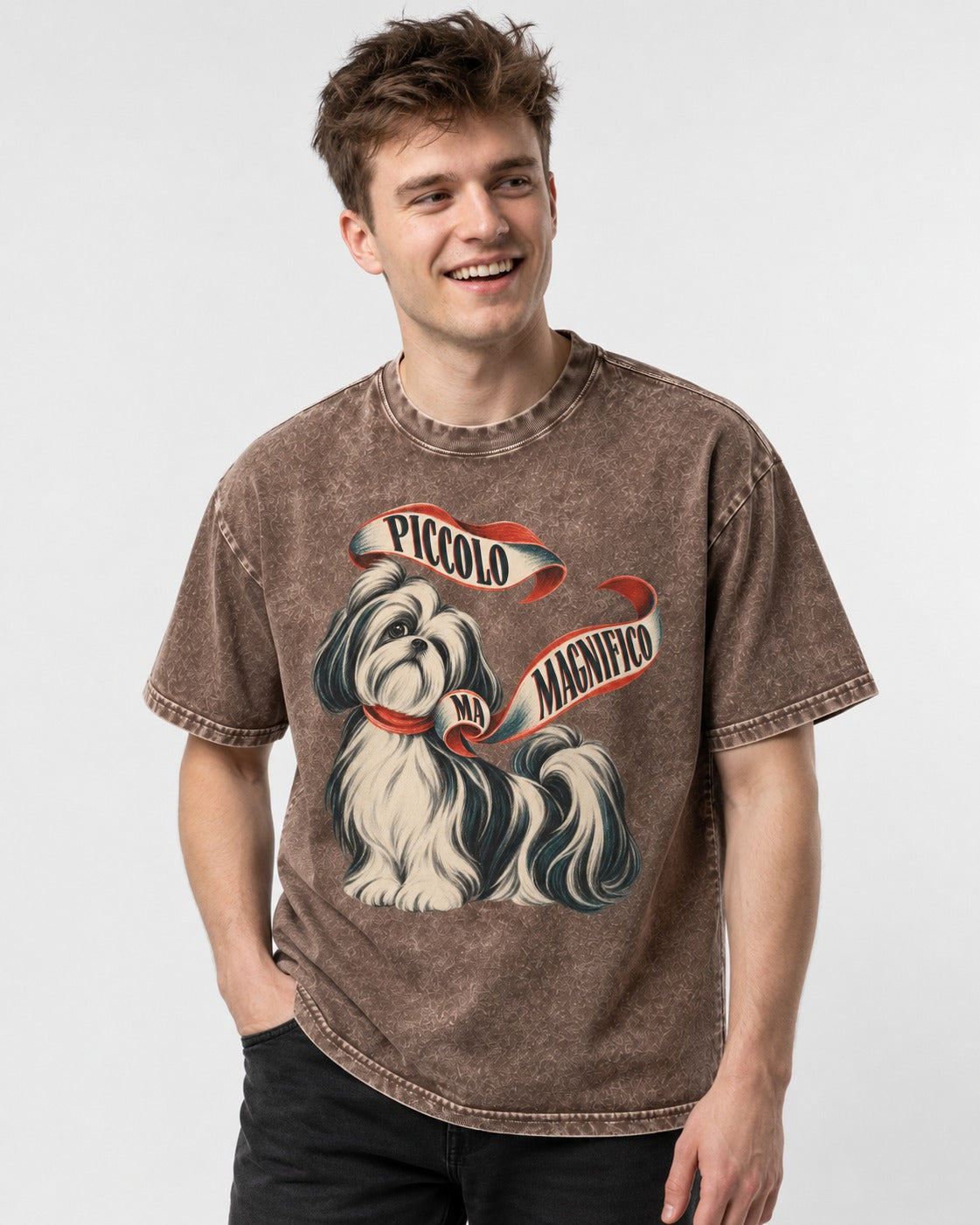 Piccolo Ma Magnifico Shih Tzu Washed Tee in Coffee, worn by a model