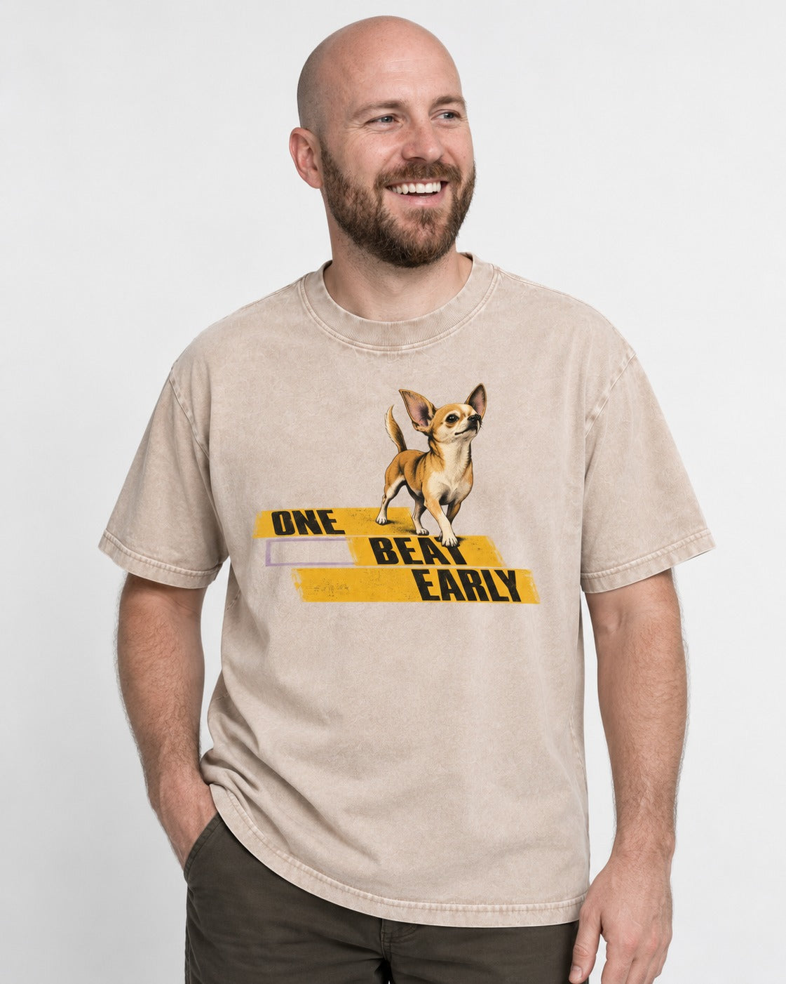 One Beat Early Chihuahua Washed Tee in Apricot, worn by a model
