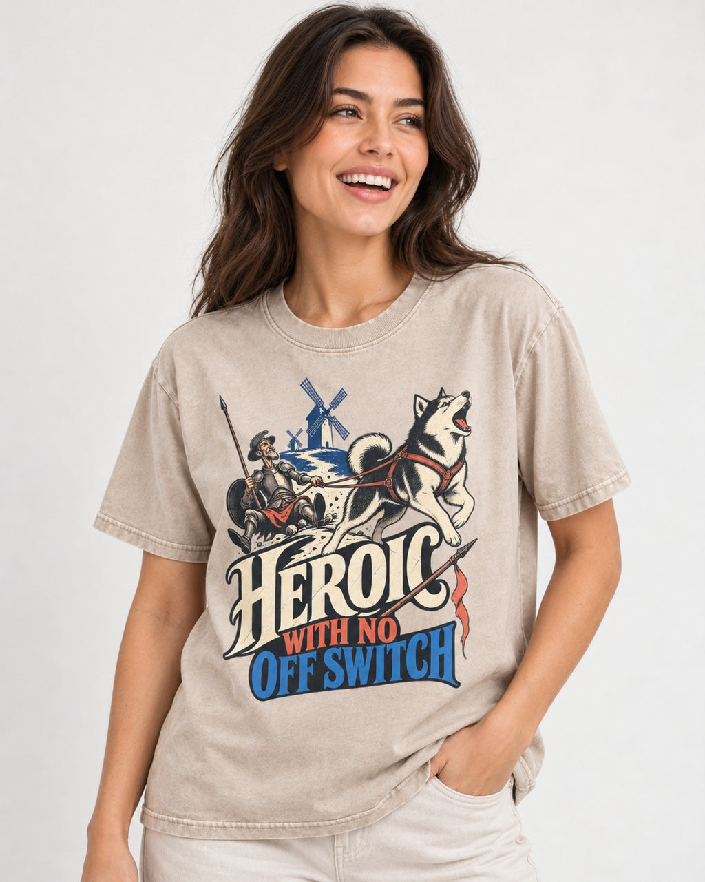 Husky Heroic with No Off Switch Don Quixote Graphic Washed Tee in Apricot, worn by a model