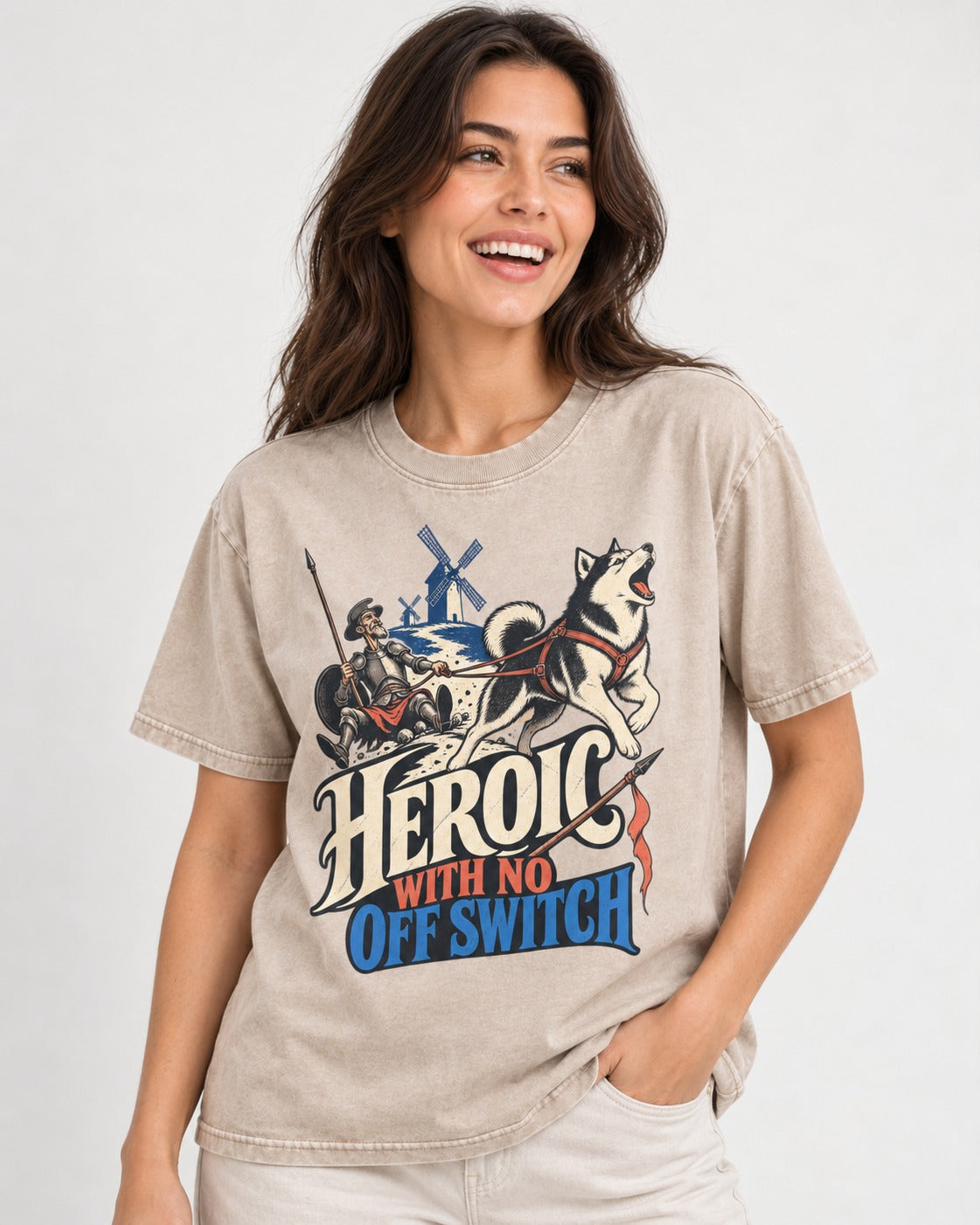 Husky Heroic with No Off Switch Don Quixote Graphic Washed Tee in Apricot, worn by a model