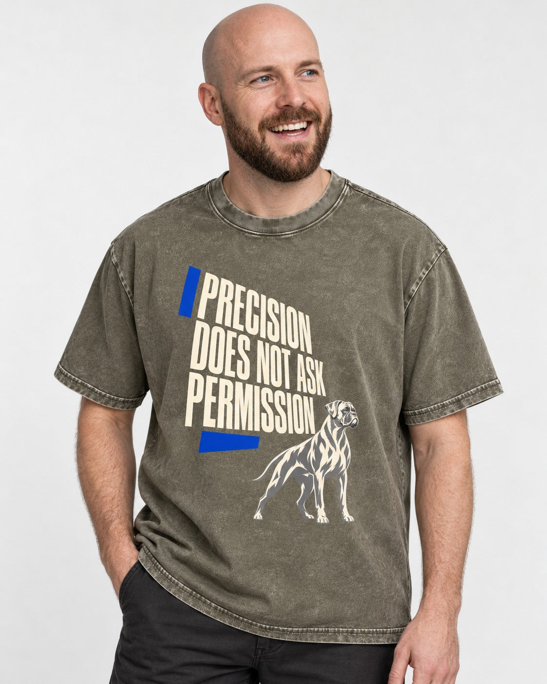 Precision Does Not Ask Permission Boxer Washed Tee in Army Green, worn by a model