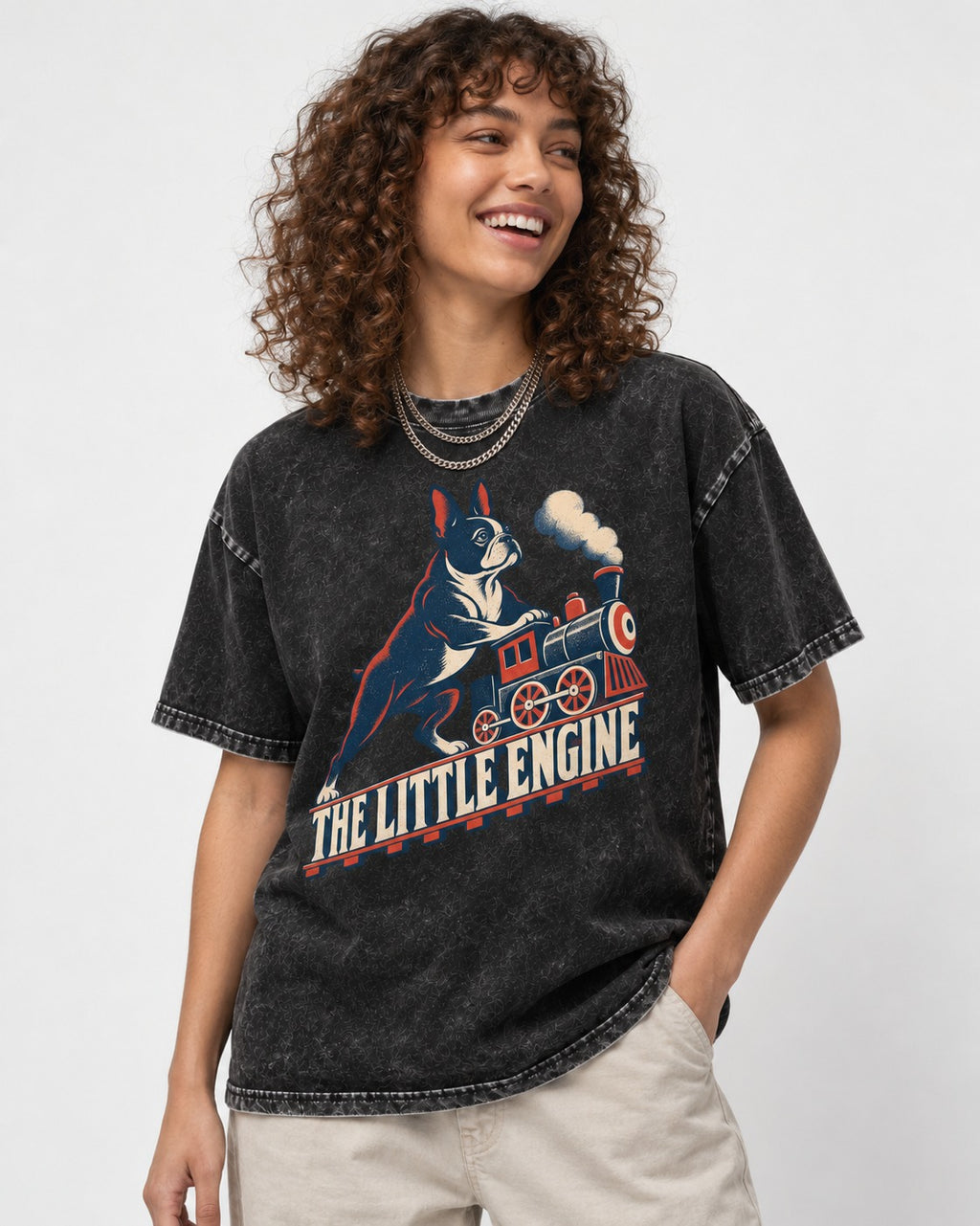 Boston Terrier The Little Engine Washed Tee in Black, worn by a model