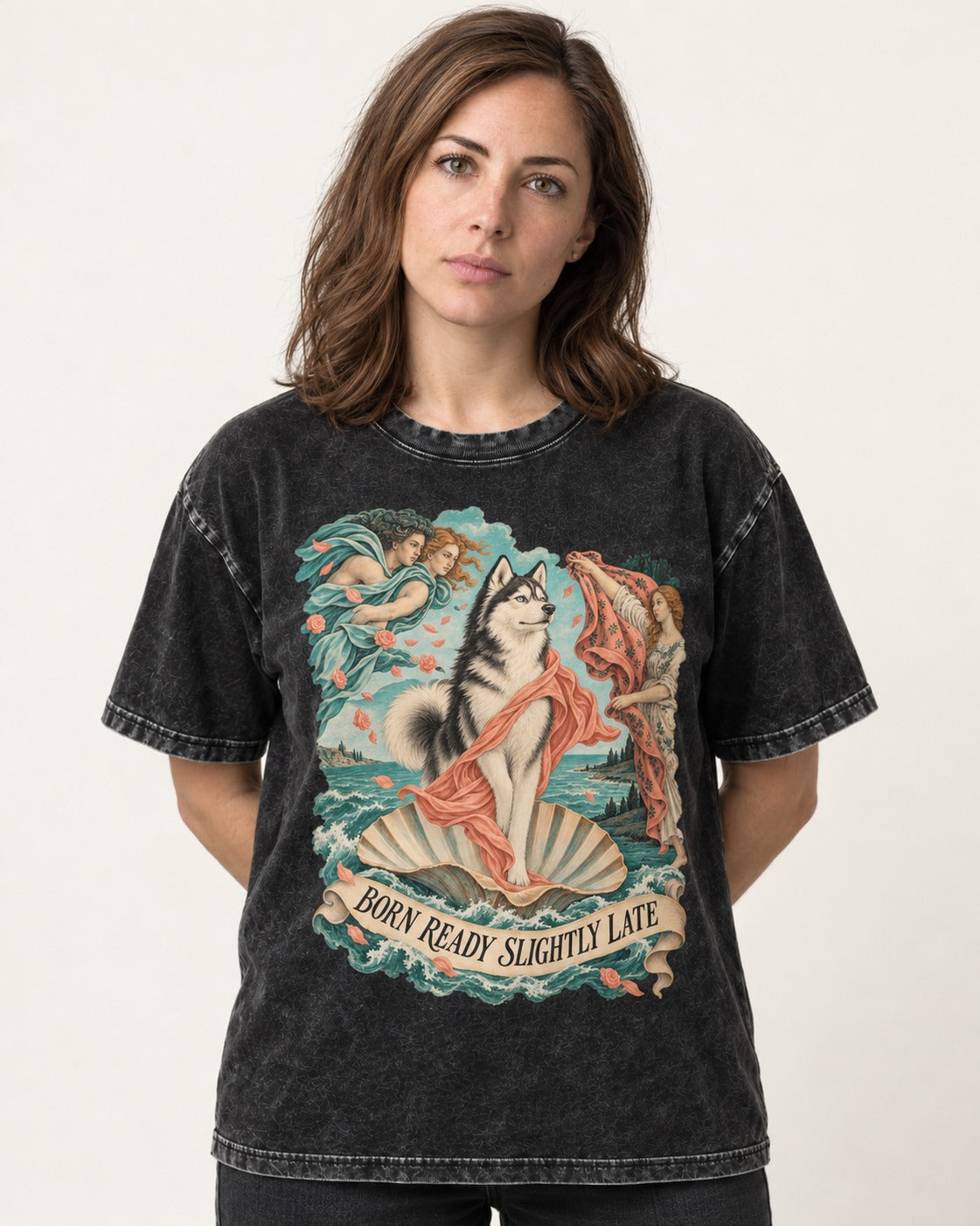 Husky Born Ready Slightly Late Renaissance Graphic Washed Tee in Black, worn by a model