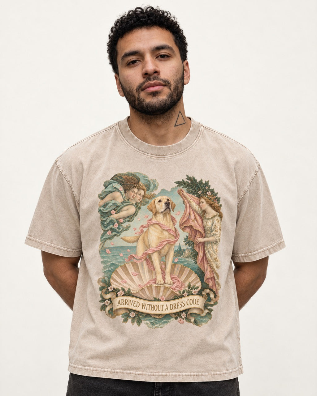 Labrador Retriever Without a Dress Code Washed Tee in Apricot, worn by a model