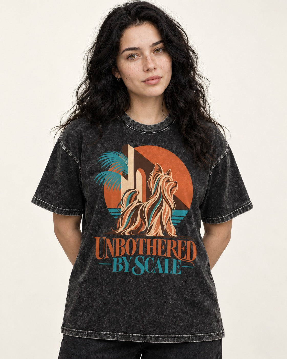 Yorkshire Terrier Unbothered by Scale Tropical Architecture Graphic Washed Tee in Black, worn by a model