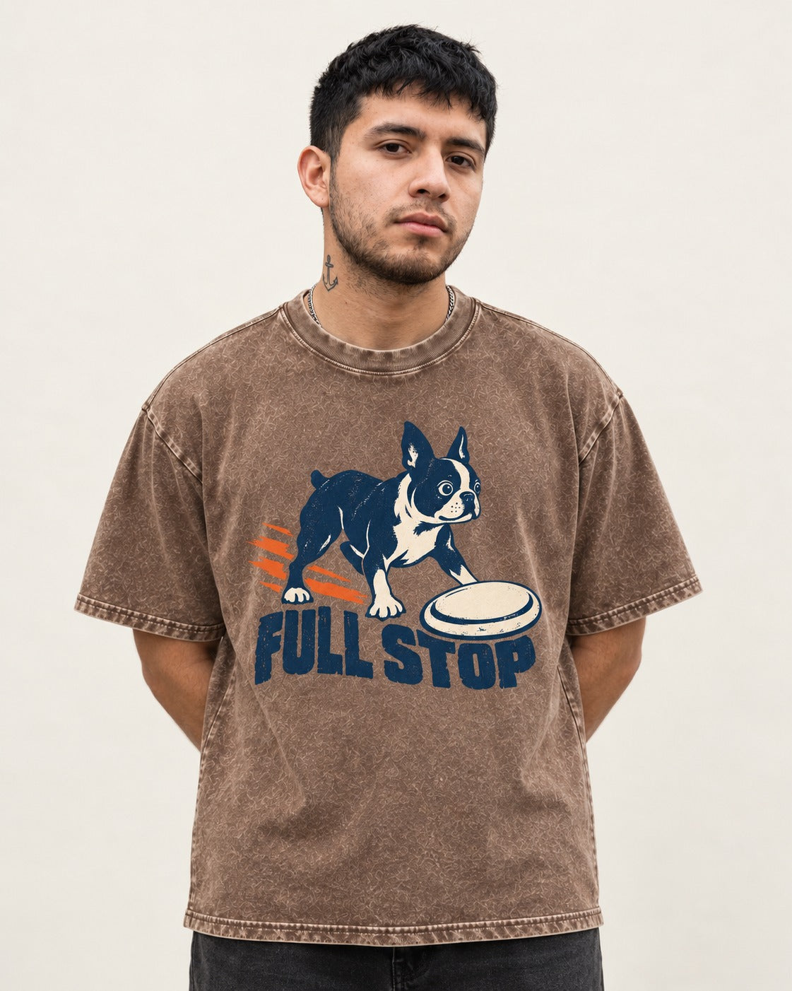Boston Terrier Full Stop Washed Tee in Coffee, worn by a model