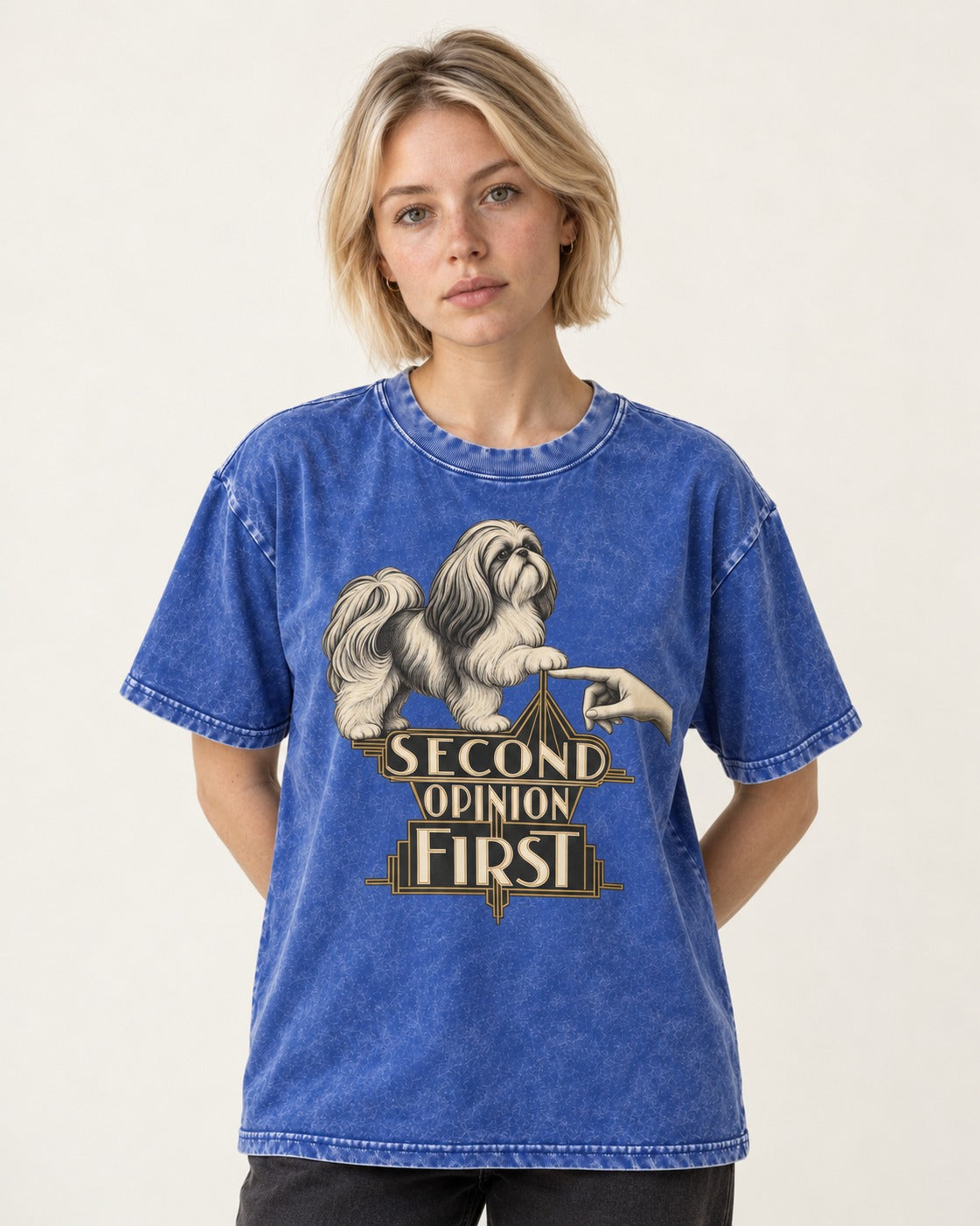 Shih Tzu Second Opinion First Art Deco Graphic Washed Tee in Royal Blue, worn by a model