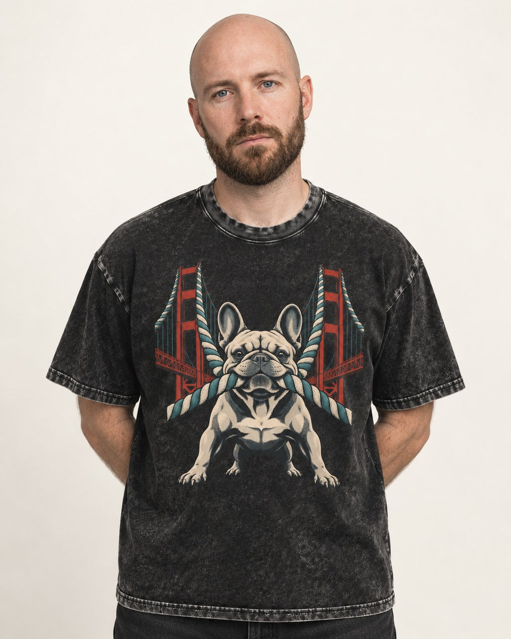 Frenchie Tug Anchor Bridge Graphic Washed Tee in Black, worn by a model