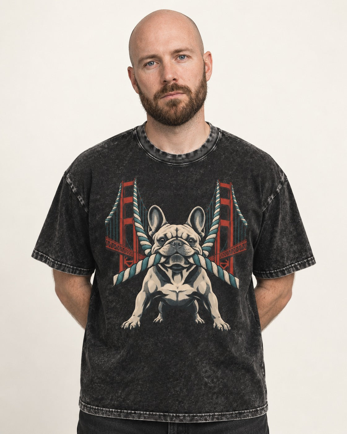 Frenchie Tug Anchor Bridge Graphic Washed Tee in Black, worn by a model