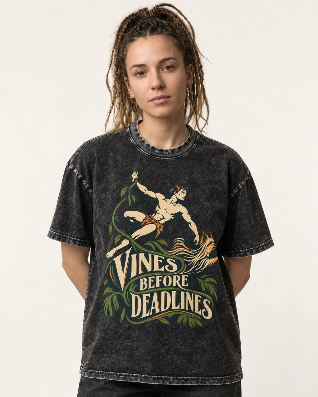 Yorkshire Terrier Vines Before Deadlines Jungle Hero Graphic Washed Tee in Black, worn by a model