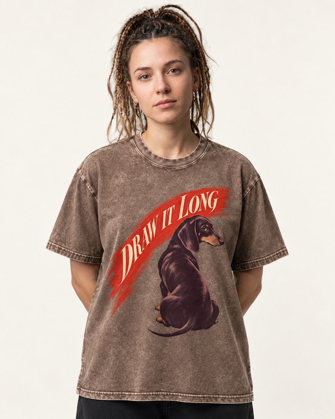 Draw It Long Dachshund Washed Tee in Coffee, worn by a model