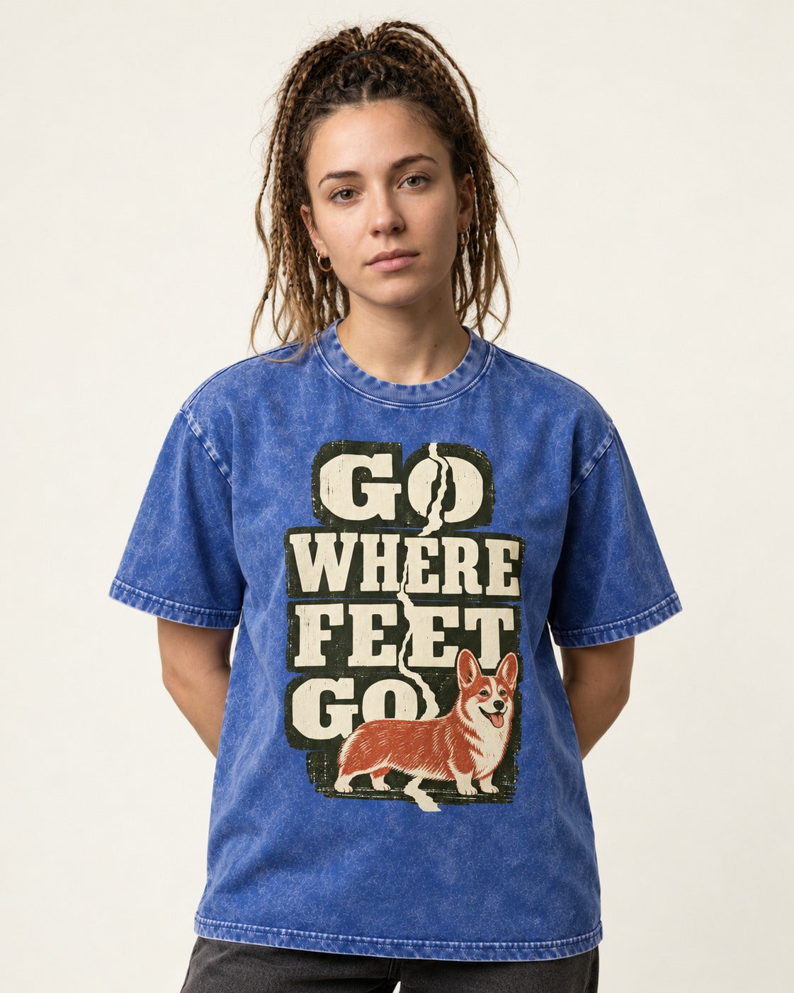 Corgi Go Where Feet Go Path Washed Tee in Royal Blue, worn by a model