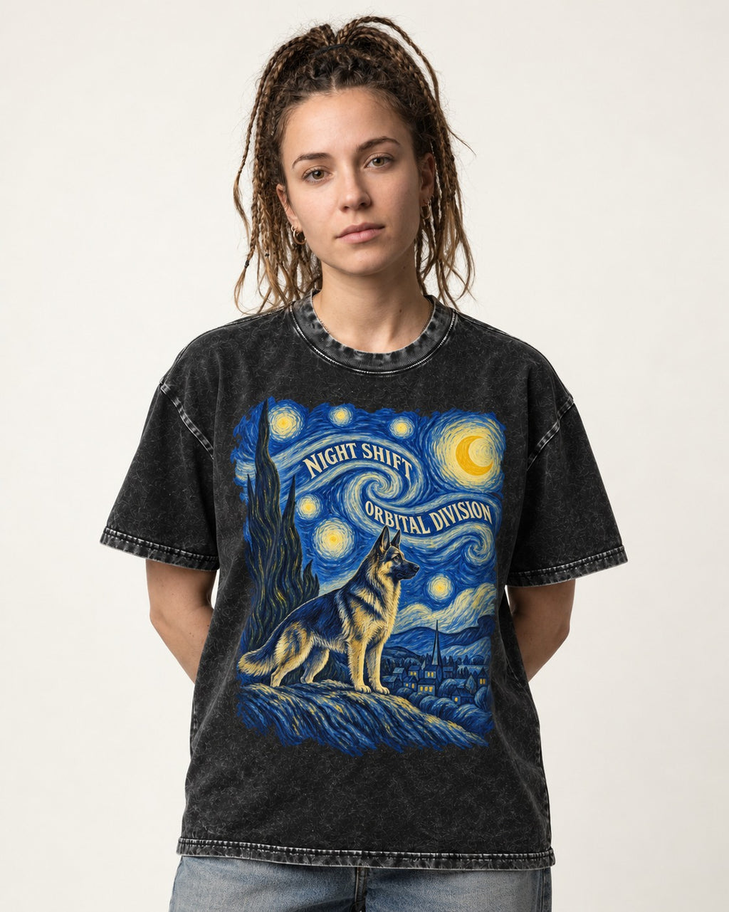 German Shepherd Dog Night Shift Orbital Division Starry Night Washed Tee in Black, worn by a model
