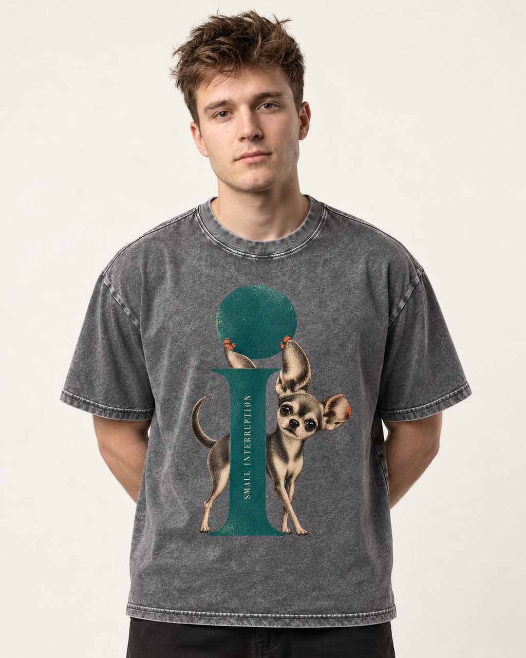Chihuahua Small Interruption Geometric Portrait Washed Tee in Gray, worn by a model