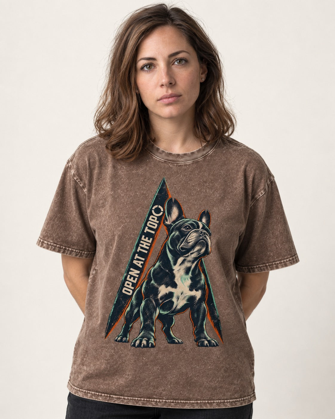 Frenchie Open at the Top Washed Tee in Coffee, worn by a model