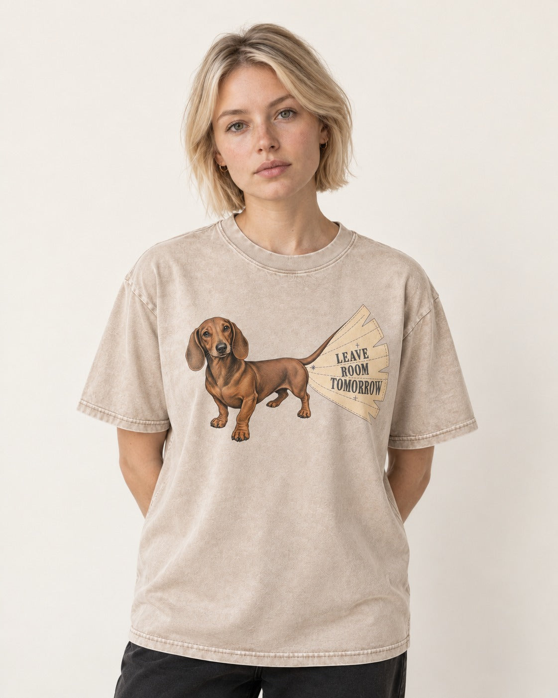 Dachshund Leave Room Tomorrow Washed Tee in Apricot, worn by a model