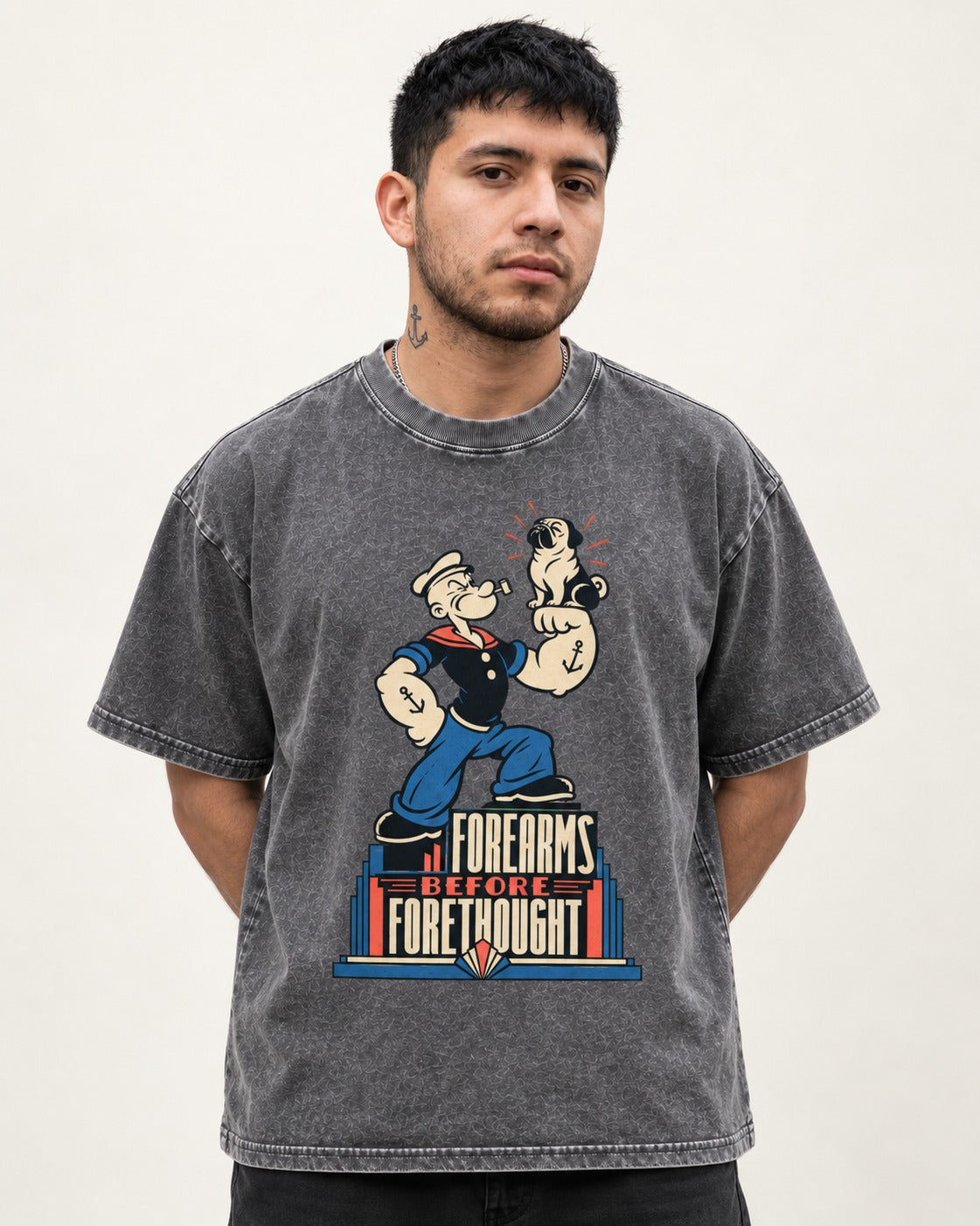 Pug Forearms Before Forethought Washed Tee in Gray, worn by a model