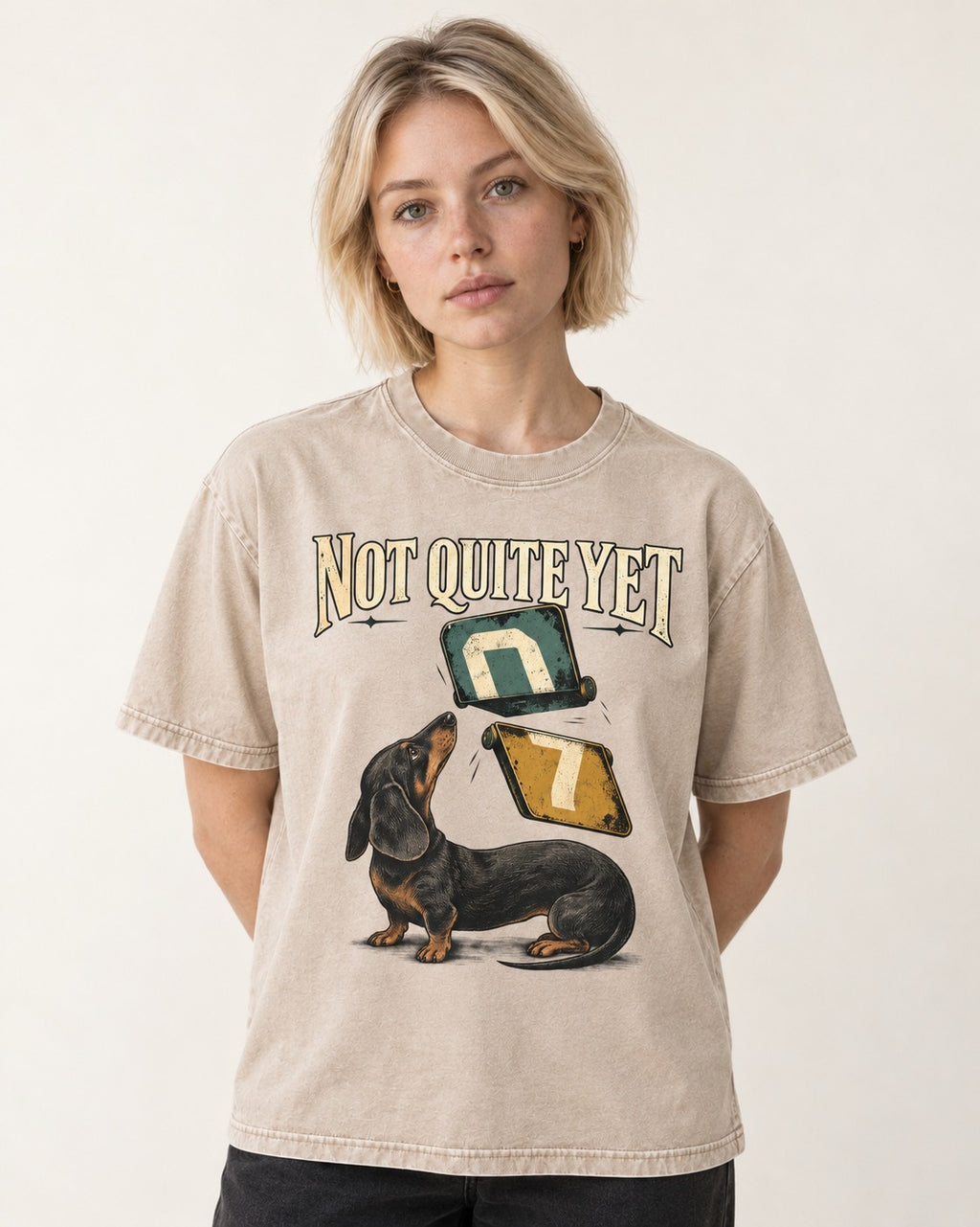 Not Quite Yet Dachshund Washed Tee in Apricot, worn by a model
