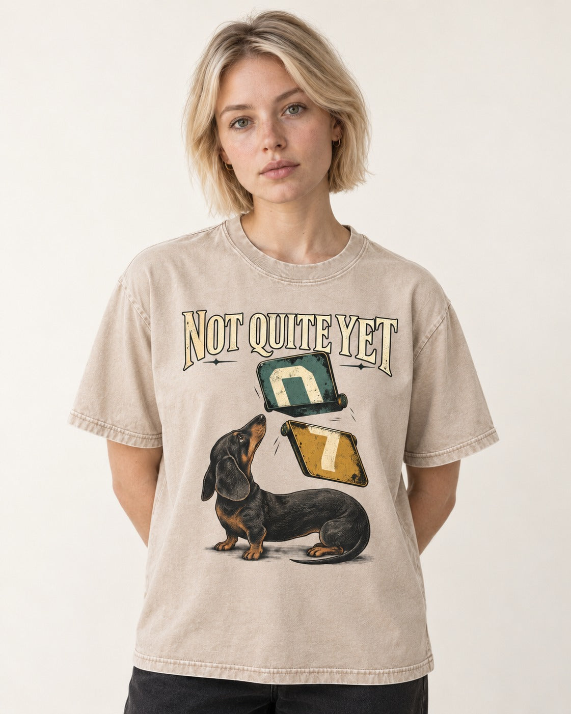 Not Quite Yet Dachshund Washed Tee in Apricot, worn by a model