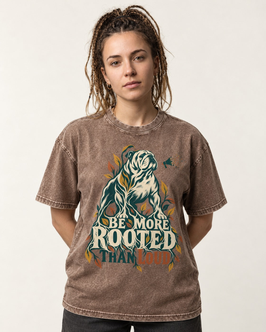 More Rooted Than Loud English Bulldog Washed Tee in Coffee, worn by a model