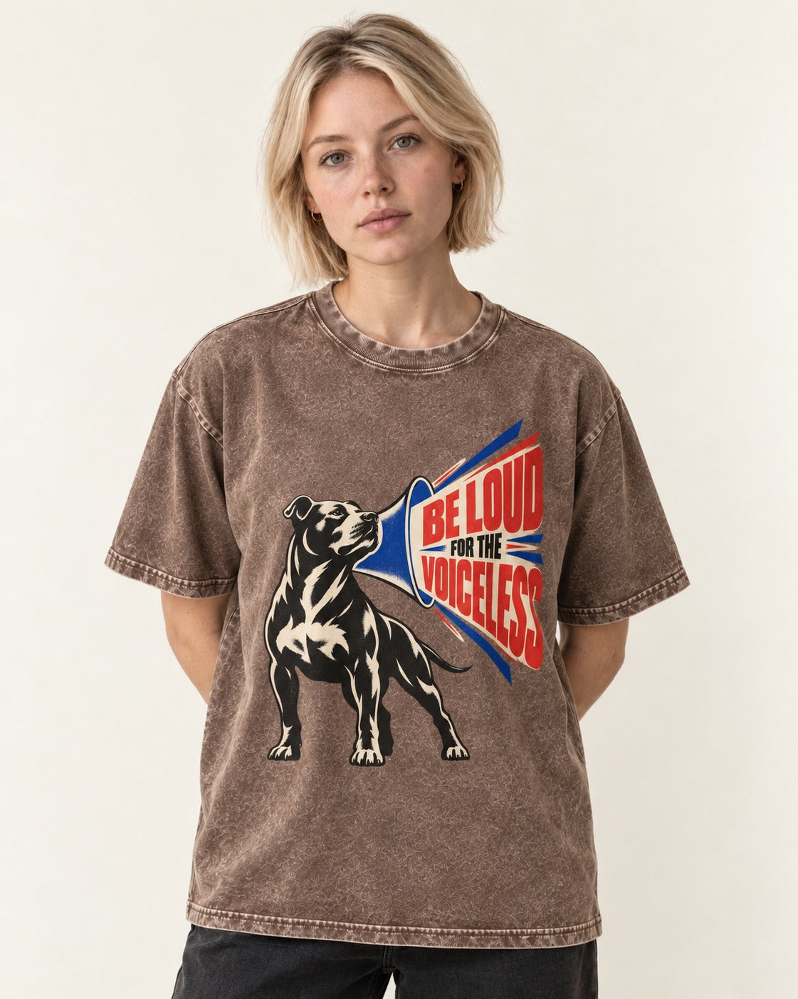 Pitbull For the Voiceless Washed Tee in Coffee, worn by a model