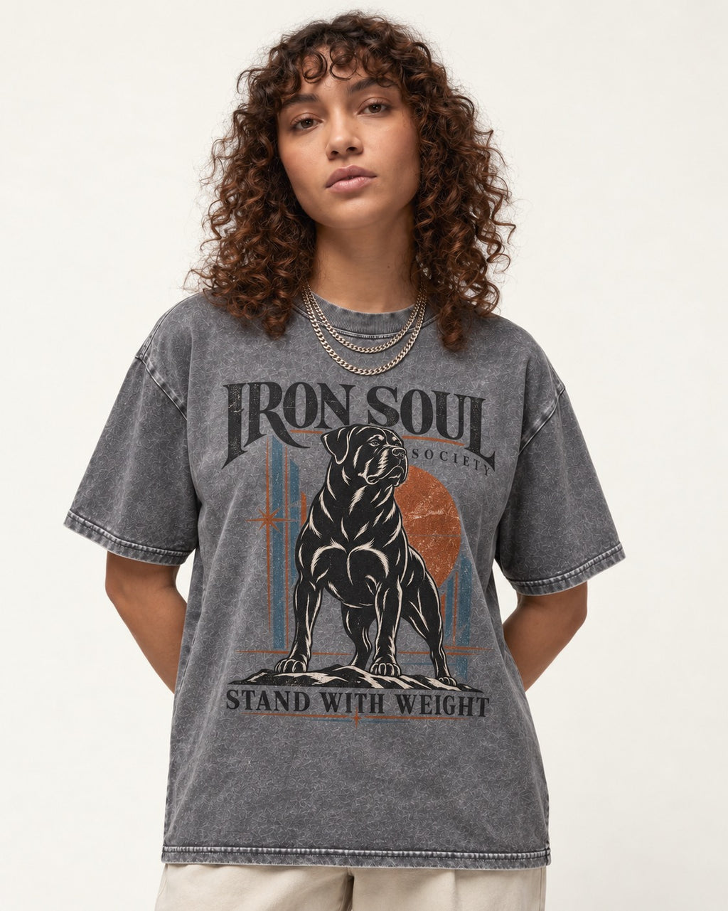 Rottweiler Iron Soul Society Washed Tee in Gray, worn by a model