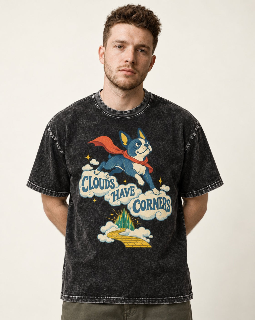 Clouds Have Corners Boston Terrier Washed Tee in Black, worn by a model