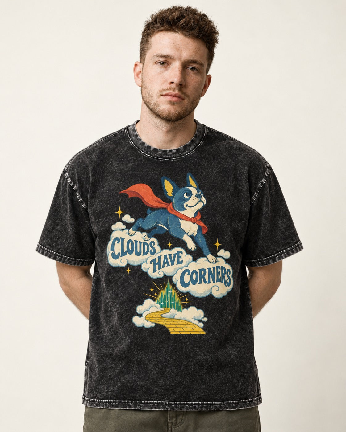 Clouds Have Corners Boston Terrier Washed Tee in Black, worn by a model